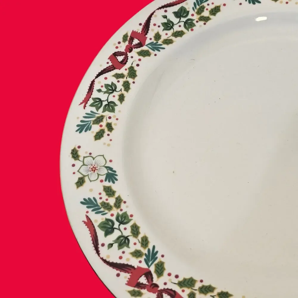 Domestications Christmas Dinner Plates Holly Ribbon Floral 1994 China Lot of 2